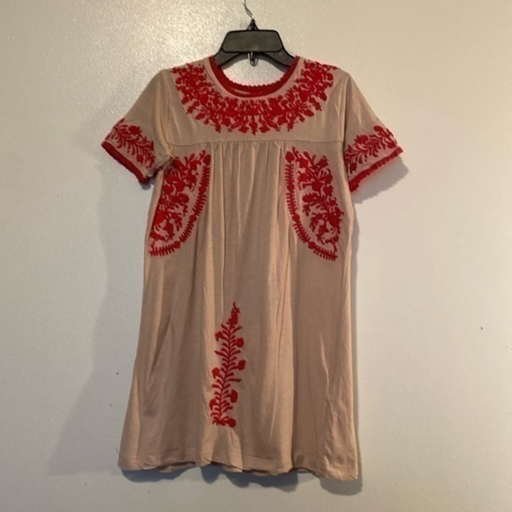 MANOUSH embroidered linnen cotton blend sand and pink short sleeve dress 4